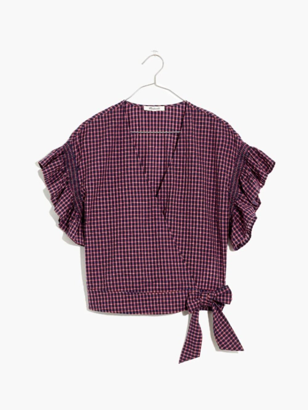 Madewell Flutter-Sleeve Side-Tie Wrap Top in Plaid